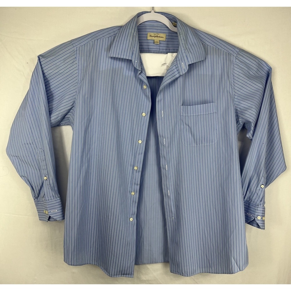 GUC Tommy Bahama Mens Size 16.5 34-35 Blue White Striped Dress Shirt 100% Cotton